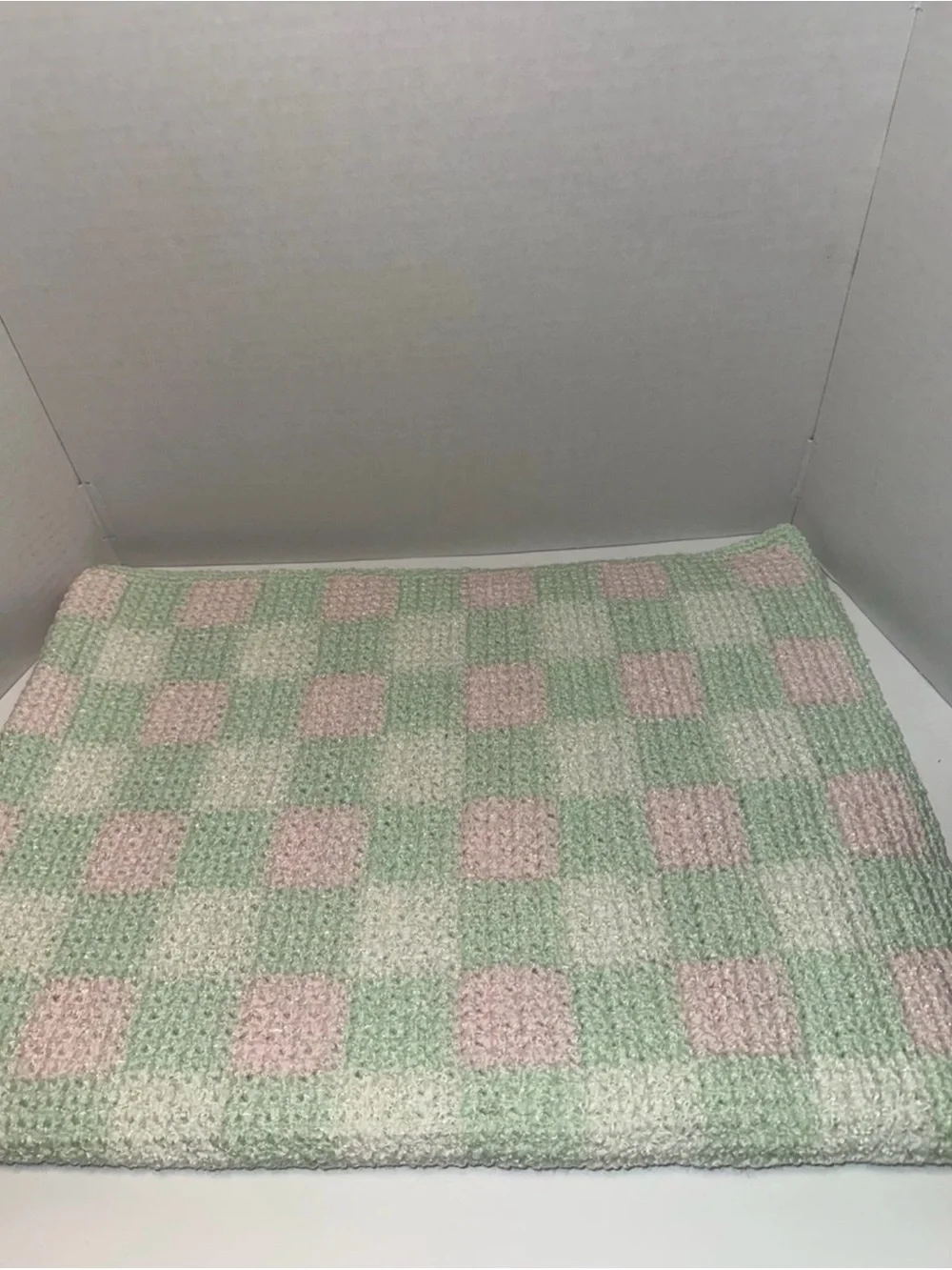Baby Blanket 41.5x30 Pink Mint Green White Checkered Afghan Handmade